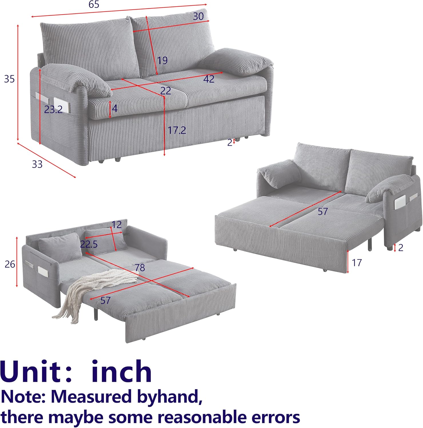 WILLIAMSPACE 64.5' Pull Out Sofa Bed, 3-in-1 Adjustable Sleeper Sofa Couch with Side Storage, Convertible Loveseat Sofa Bed Pull Out Couch for Living Room, Apartment, Corduroy, Beige