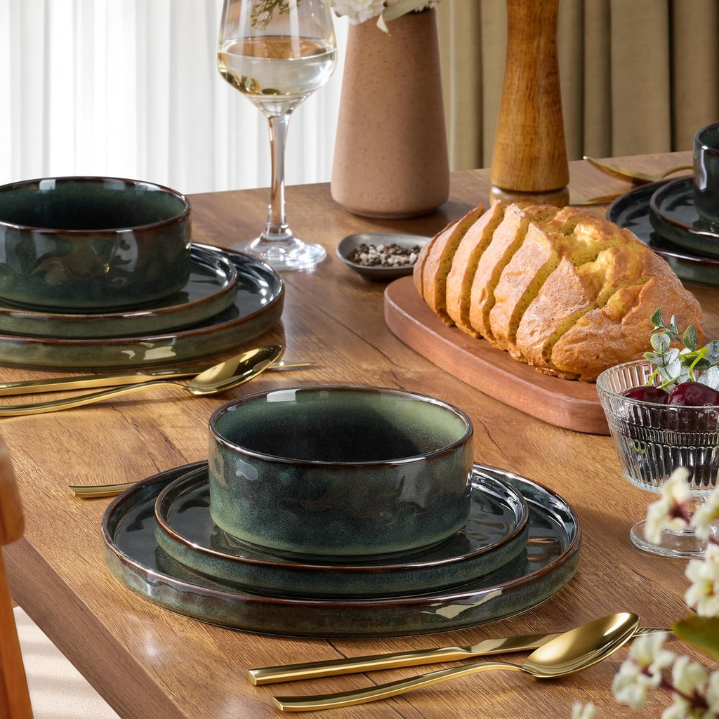 LIANYU Stoneware Dinnerware Dishes Sets for 8, 24 Piece Plates and Bowls Dishware Set, Ceramic Dinning Ware Includes Dinner Salad Plates, Cereal Bowls, Chip & Scratch Resistant,Moss Green