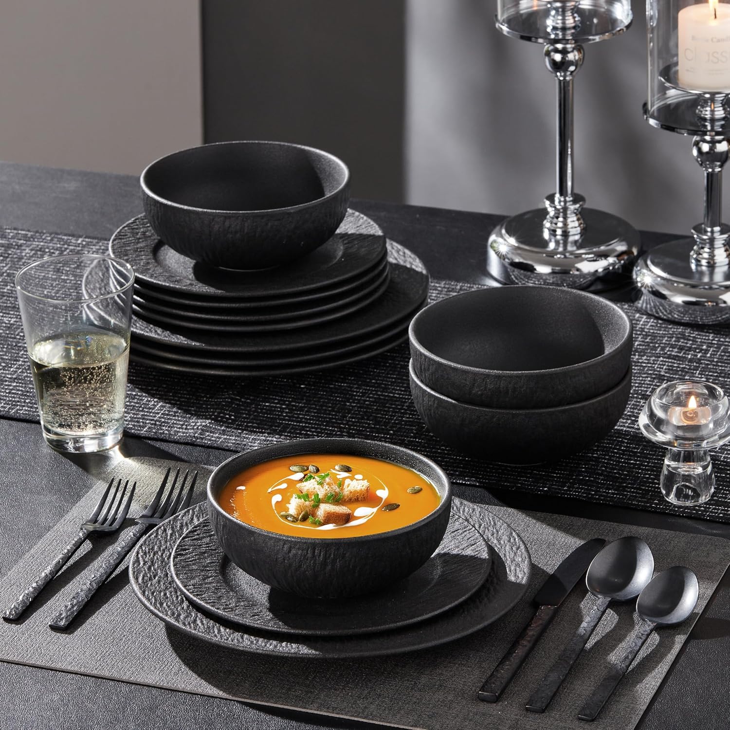 KINGSTONE Black Dinnerware Sets, 12-Piece Matte Marble Pattern Premium Porcelain, Place Setting with Dinner Plate, Salad Plate, Pasta Bowl, Microwave and Dishwasher Safe