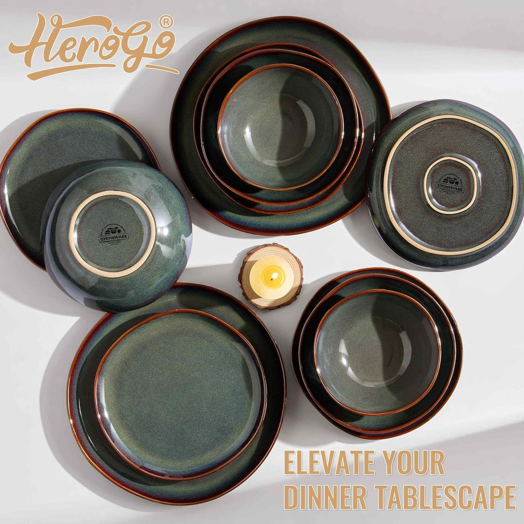 Herogo Stoneware Dinnerware Sets for 6, 24 Piece Ceramic Dinner Dishes Set, Irregular Handmade Plates and Bowls Dishware, Crack and Scratch Resistant, Reactive Glaze, Lichen Green