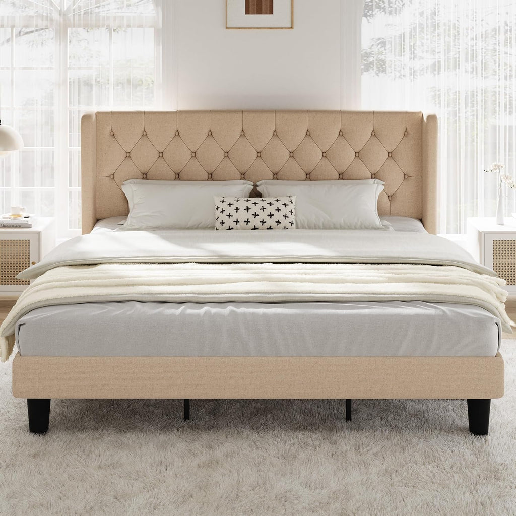 Allewie King Size Bed Frame with Button Tufted Wingback Headboard, Modern Upholstered Bed Frame with Solid Wooden Slats Support - No Box Spring Needed, Easy Assembly, Beige
