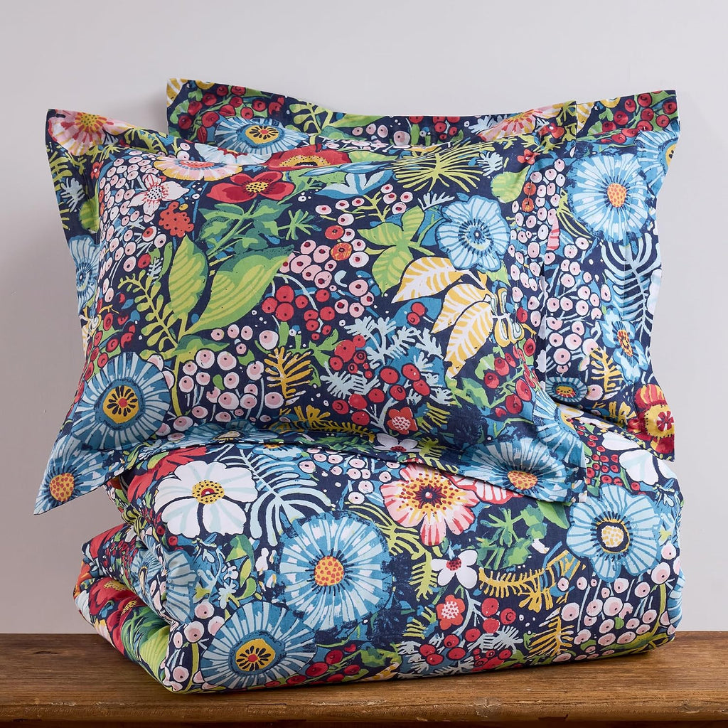 Levtex Home - Night Garden Duvet Set - Full/Queen Duvet Cover (90x94in.) and 2 Standard Shams (20x26in.) - Floral Design - Reversible Geometric Back - Cotton Front and Back - Button Closure