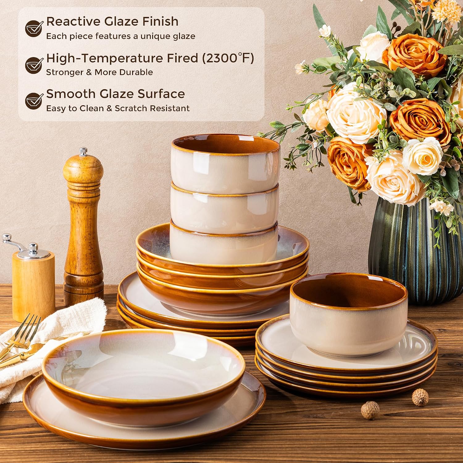 LERATIO Ceramic Dinnerware Sets with Pasta Bowls for 4,Plates and Bowls Sets,Oven &Microwave & Dishwasher Safe,Light Weight & Scratch Resistant Dishes Sets-Service for 4 (16pcs)-Kahki