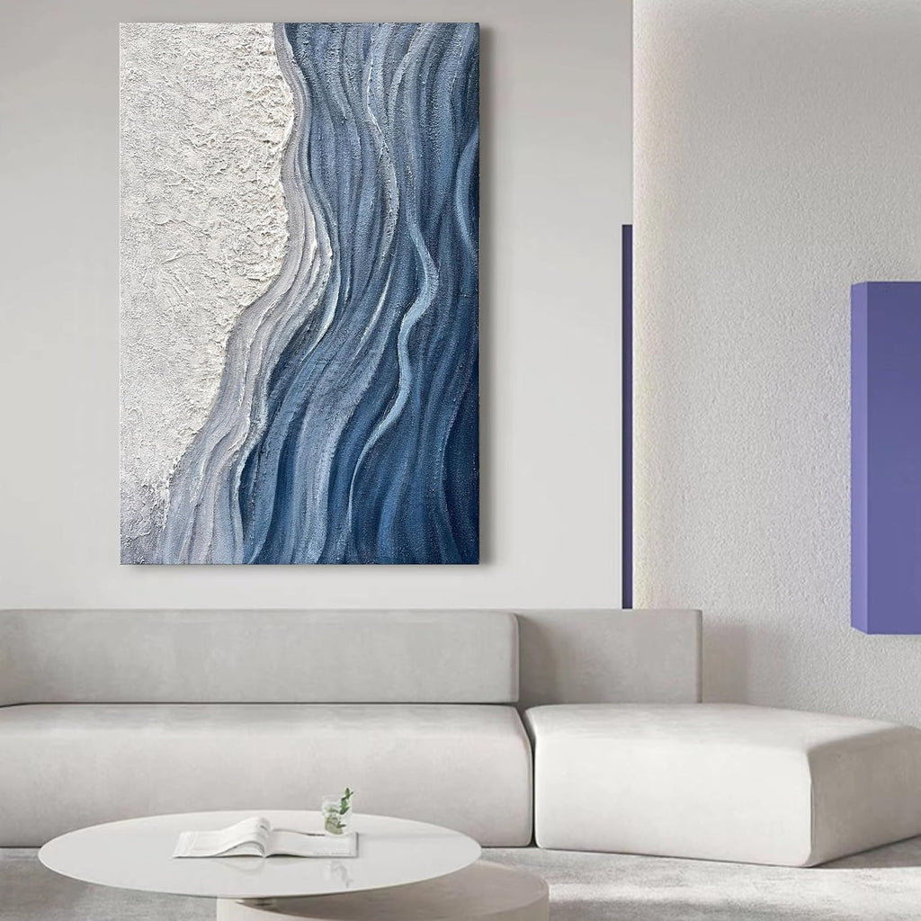Art Hand-Painted Blue and White Texture Abstract Art Oil Painting Modern Art Oil on Canvas Large Wall Art Deco 45x30 inches