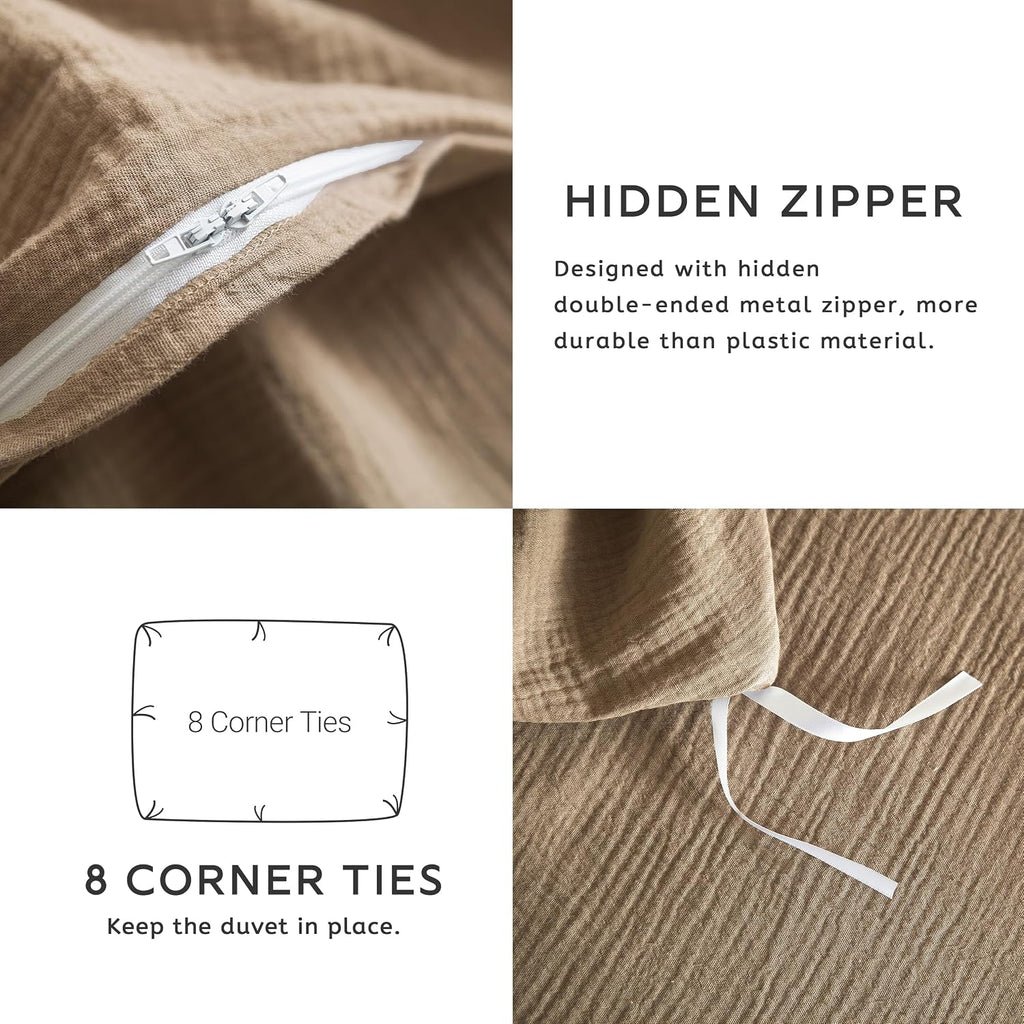 SE SOFTEXLY Muslin Duvet Cover Oversized King Size, 100% Washed Cotton Duvet Cover Set, Ultra Soft Comforter Cover Linen Like, 3 Pieces Gauze Duvet Cover with 2 Pillowcases, 98'x120', Light Brown