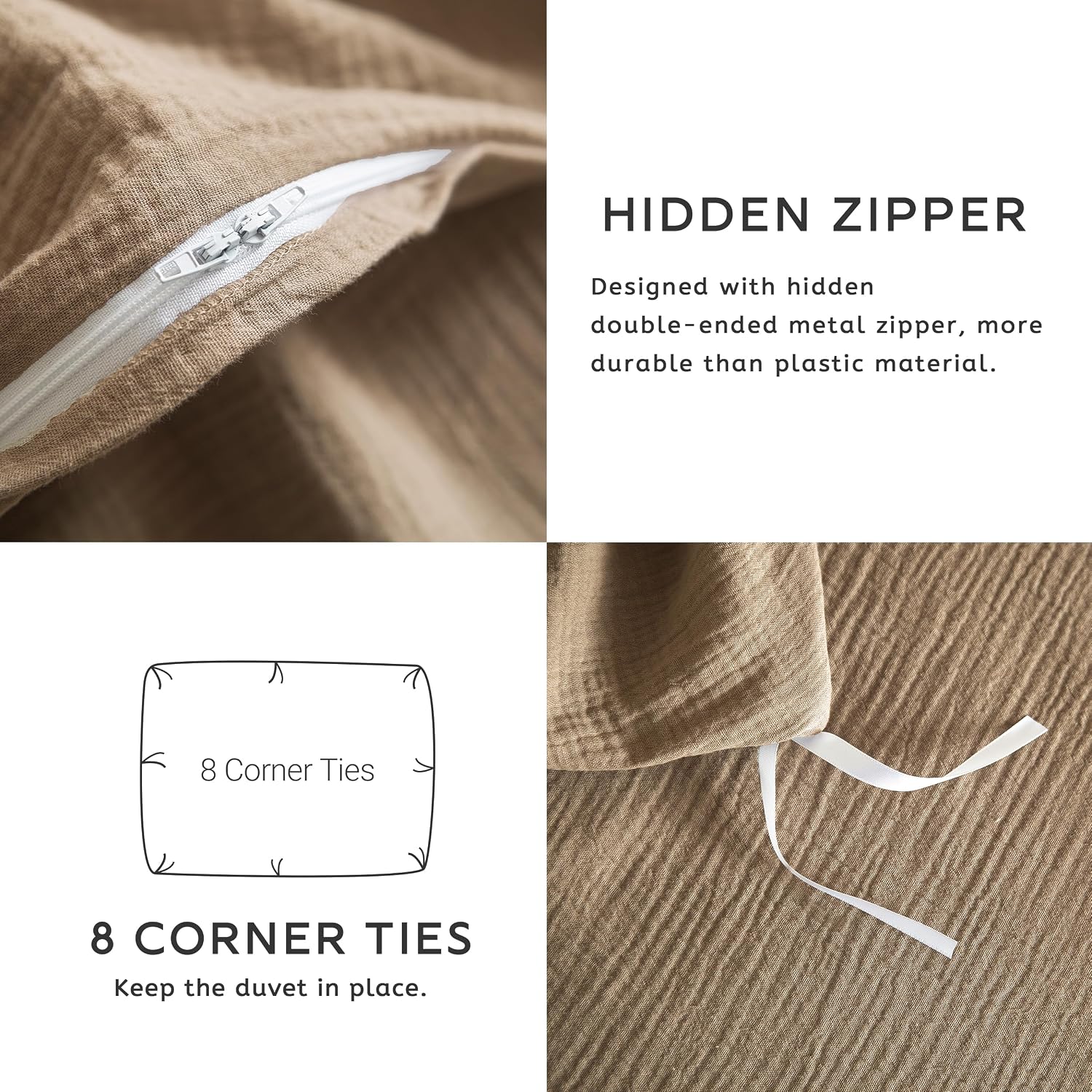 SE SOFTEXLY Muslin Duvet Cover Oversized King Size, 100% Washed Cotton Duvet Cover Set, Ultra Soft Comforter Cover Linen Like, 3 Pieces Gauze Duvet Cover with 2 Pillowcases, 98'x120', Light Brown