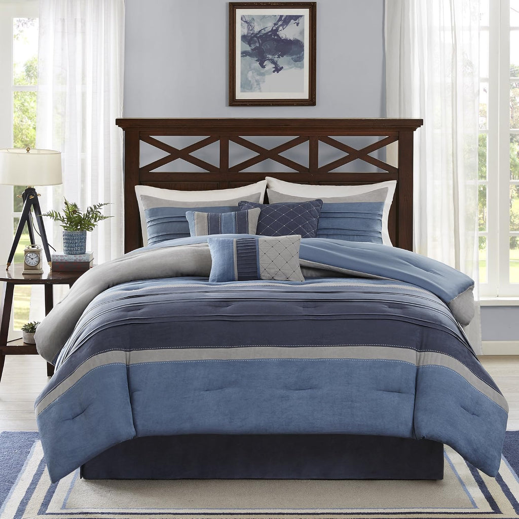 Madison Park Cozy Comforter Set Casual Modern Design - All Season Bedding, Matching Bed Skirt, Decorative Pillows, Collins, Suede Blue Grey King(104'x92') 7 Piece