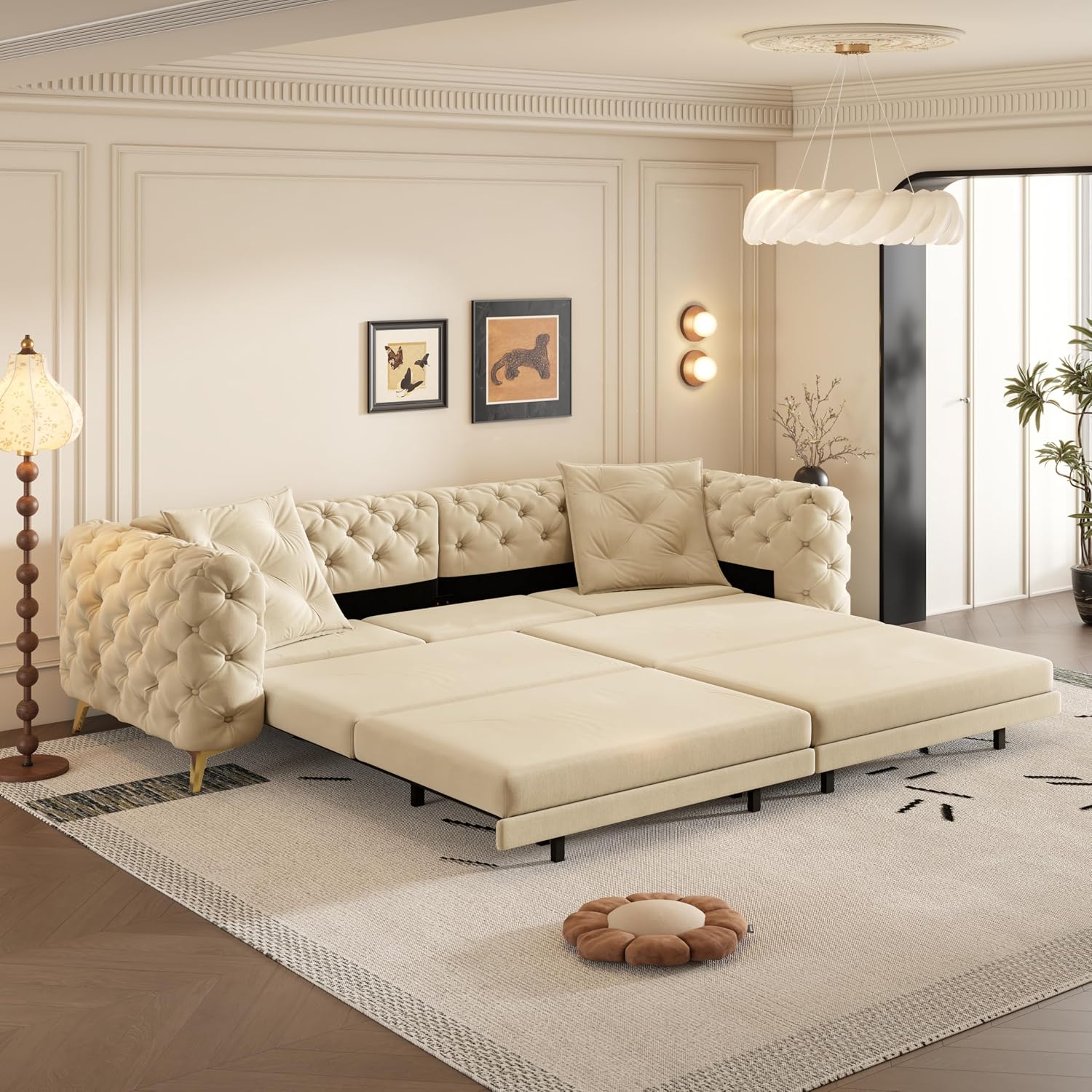 WILLIAMSPACE 97.7' 3-in-1 Convertible Sleeper Sofa Bed, Modern Button Tufted 28.4' Deep Seat Pull Out Couch Bed with Movable Ottoman, Multi-Functional 4-Seater Couch for Living Room, Velvet - Apricot