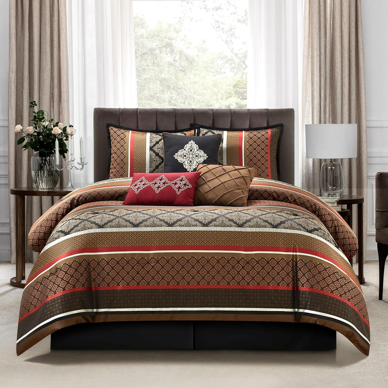 Grand Avenue Red Geometric King Comforter Set, 7 Piece, Jacquard Home Decor, Premium Lightweight Microfiber, Matching Shams, Bedskirt, Decorative Pillows