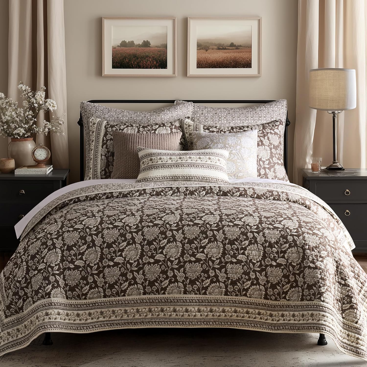 Levtex Home Adare Cocoa Reversible Full/Queen Quilt Set (88x92in) and 2 Pillow Shams (26x20in) - Floral Bedding - Brown Cream - Cotton Full/Queen Size Quilt Bedding Set - Lightweight, Soft, Pre-Washed