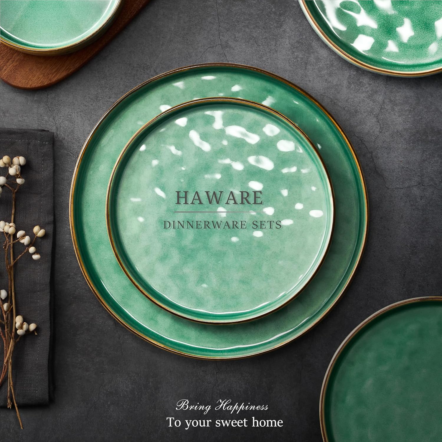 HaWare Dinnerware Sets, 18-Piece Plates and Bowls Set, Stoneware Dish Set for 6, Ceramic Dinnerware for Home Restaurant, Chip and Scratch Resistant, Microwave and Dishwasher Safe, Reactive Green