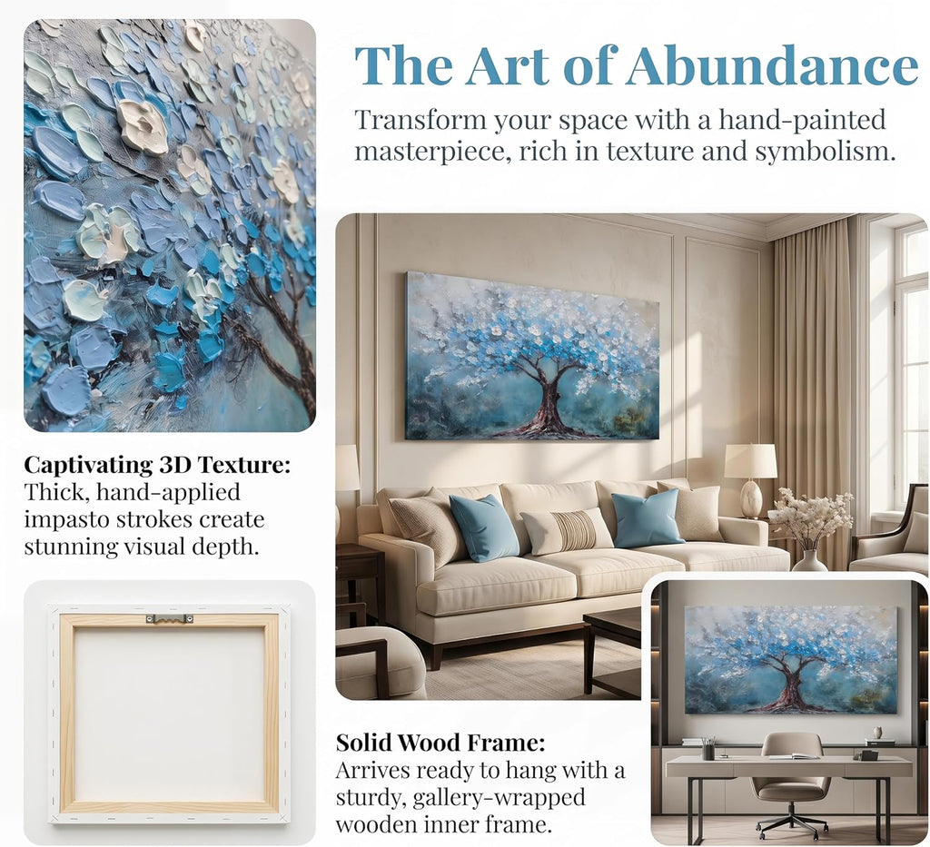 Acocifi Blue Tree of Life Canvas Wall Art for Living Room, Textured Painting 58'x29', Nature Landscape Tree Picture Extra Large Artwork Framed for Bedroom Office Home Wall Decor