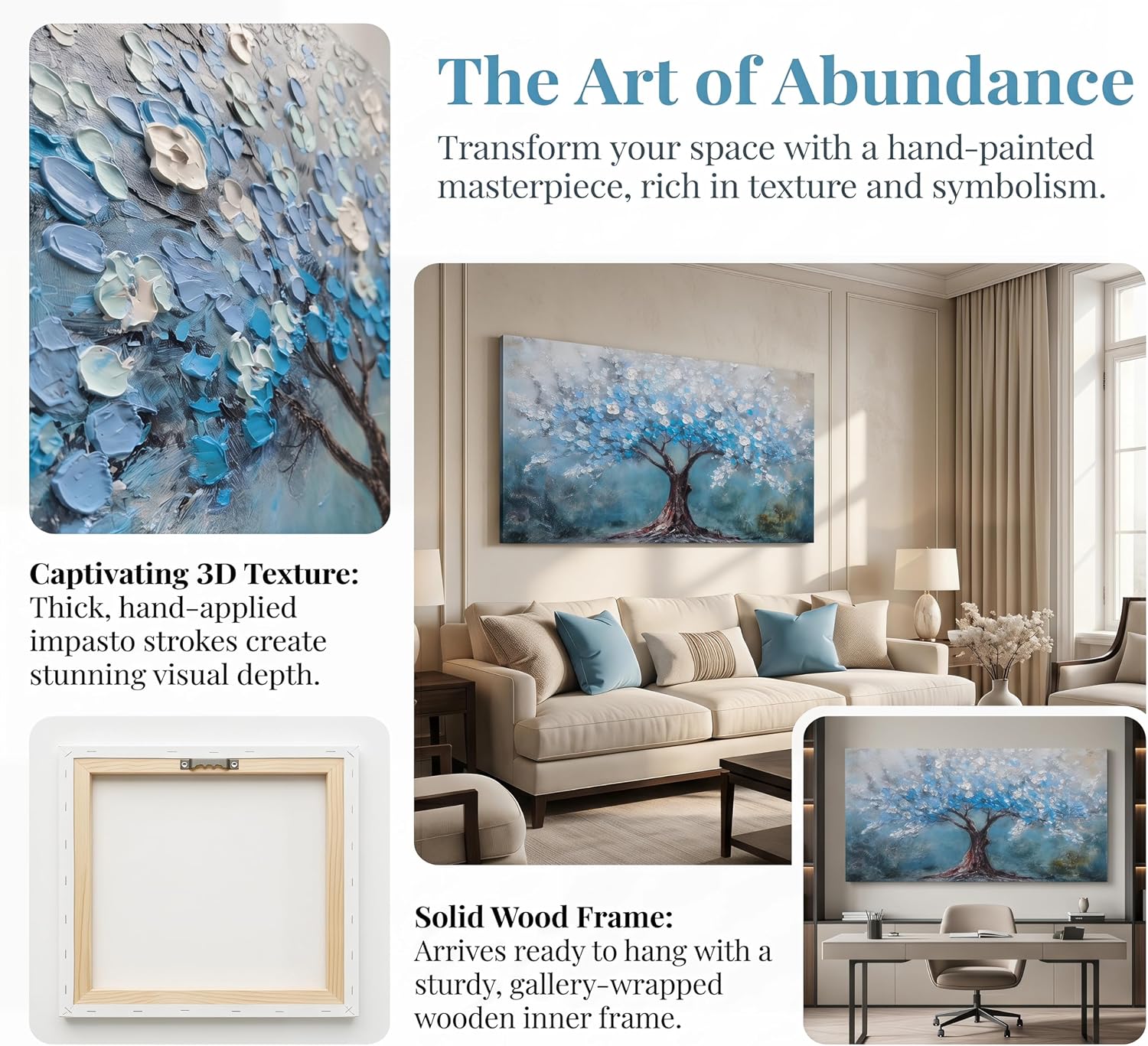 Acocifi Blue Tree of Life Canvas Wall Art for Living Room, Textured Painting 58'x29', Nature Landscape Tree Picture Extra Large Artwork Framed for Bedroom Office Home Wall Decor