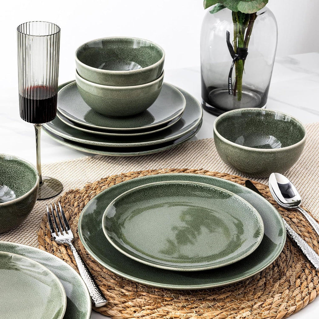 AmorArc Ceramic Dinnerware Sets for 8, 24 Pieces Handpainted Plates and Bowls Set, Scratch Resistant Stoneware Dishes Set, Dishwasher & Microwave Safe, Jade Green