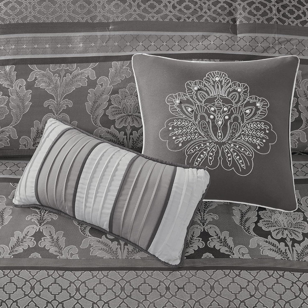 Madison Park Bellagio Cozy Comforter Set - Luxurious Jaquard Traditional Damask Design, All Season Down Alternative Bedding with Matching Shams, Decorative Pillow, Cal King(104'x92'), Grey 7 Piece