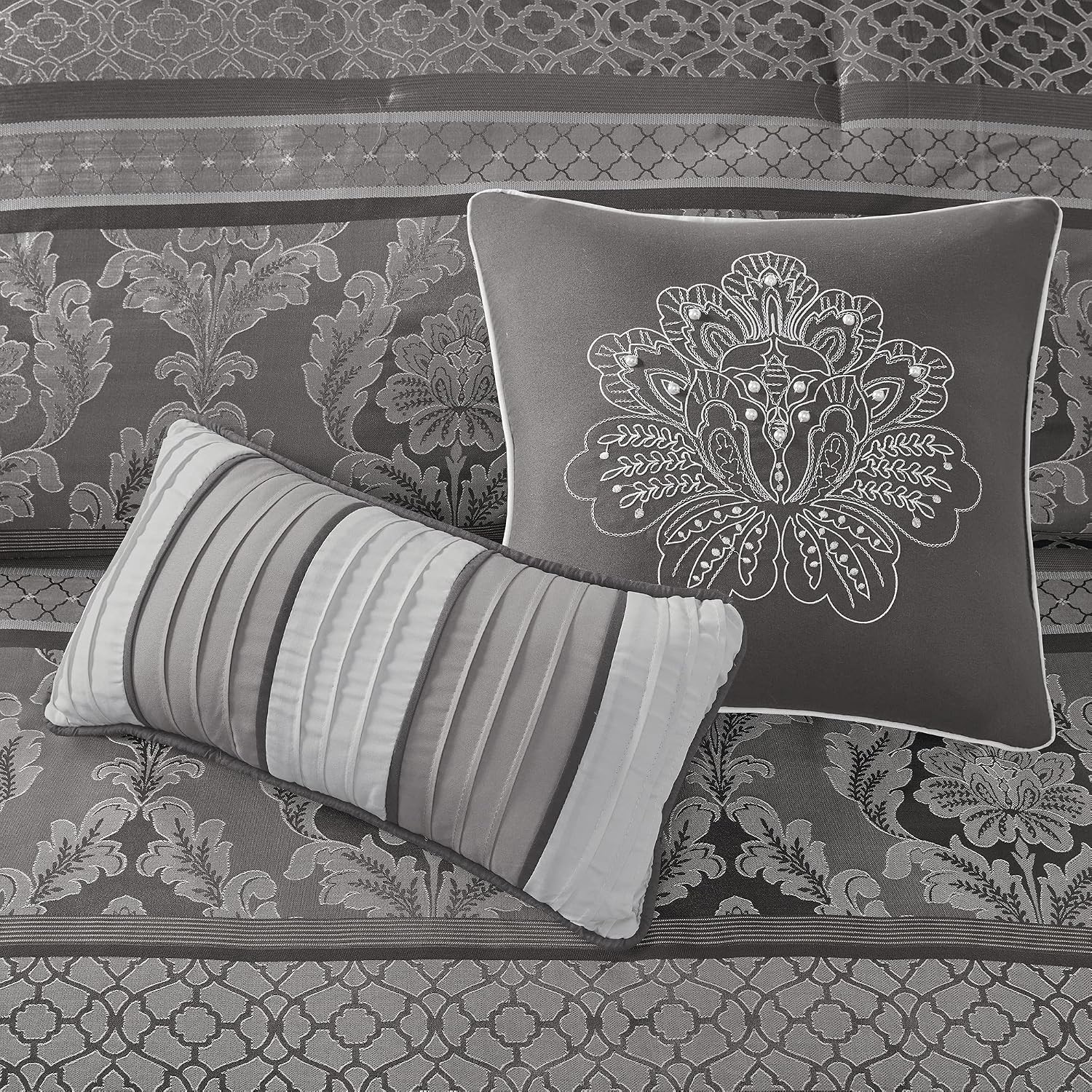 Madison Park Bellagio Cozy Comforter Set - Luxurious Jaquard Traditional Damask Design, All Season Down Alternative Bedding with Matching Shams, Decorative Pillow, Cal King(104'x92'), Grey 7 Piece