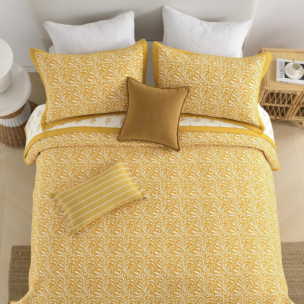 SahSahCasa Quilt Set King Size, 100% Cotton Quilt Bedding Set Bedspread, Botanical Pattern Solid Color Chic Lightweight Quilted Comforter for King Bed, Mustard Yellow, All Season, 3 Pieces