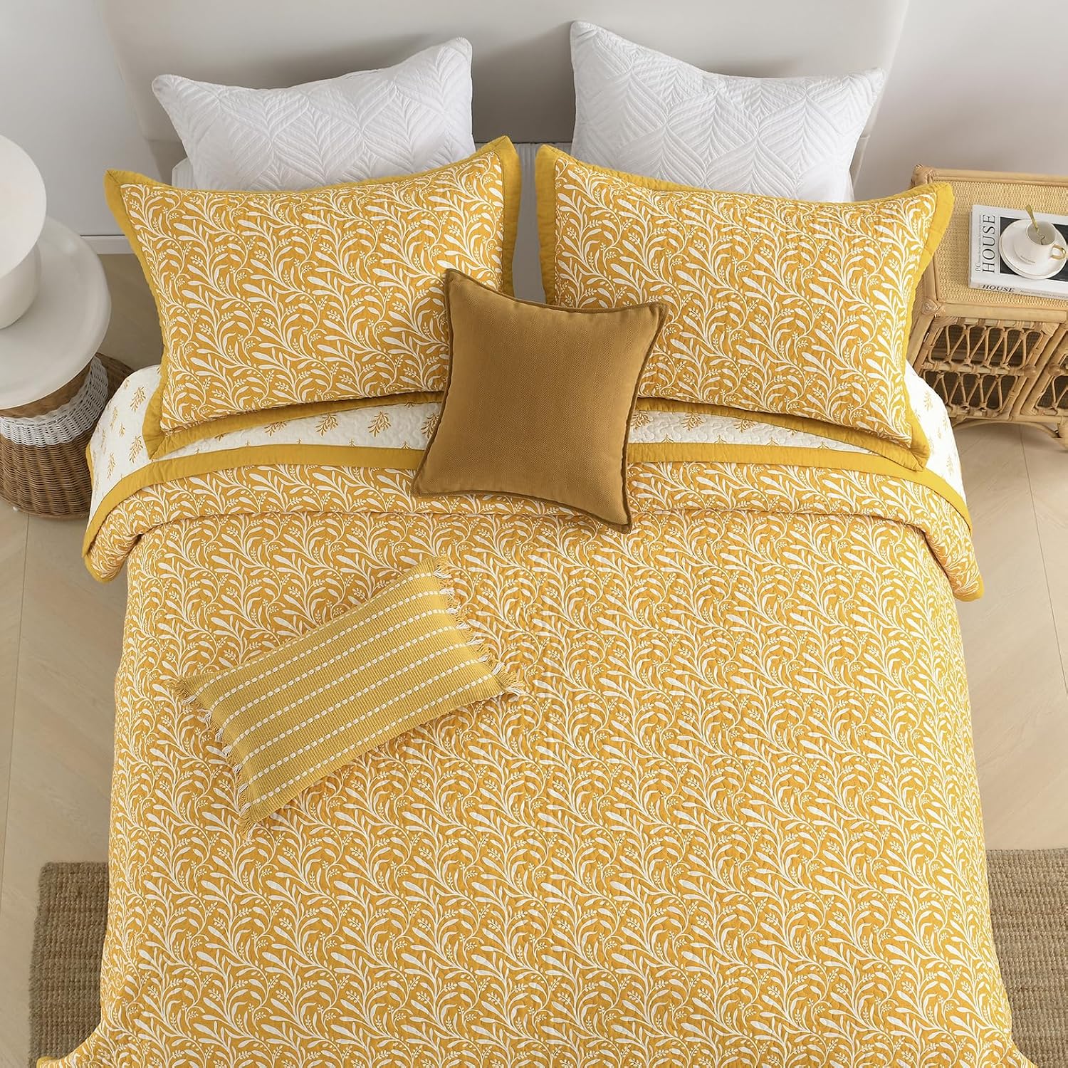 SahSahCasa Quilt Set King Size, 100% Cotton Quilt Bedding Set Bedspread, Botanical Pattern Solid Color Chic Lightweight Quilted Comforter for King Bed, Mustard Yellow, All Season, 3 Pieces