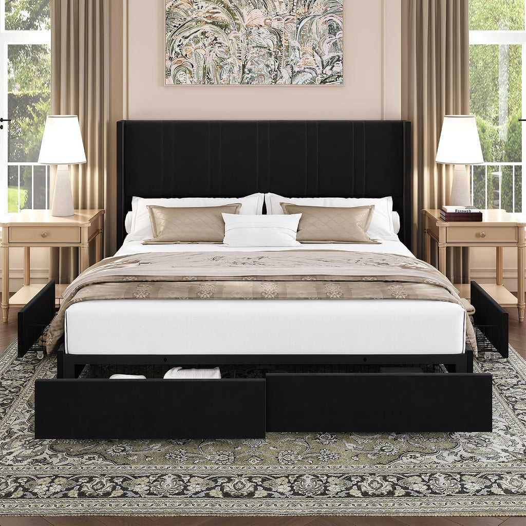 BRELTAM King Size Bed Frame with 4 Storage Drawers Velvet Upholstered Platform Bed with Wingback Headboard, No Box Spring Needed, Easy Assembly, Black