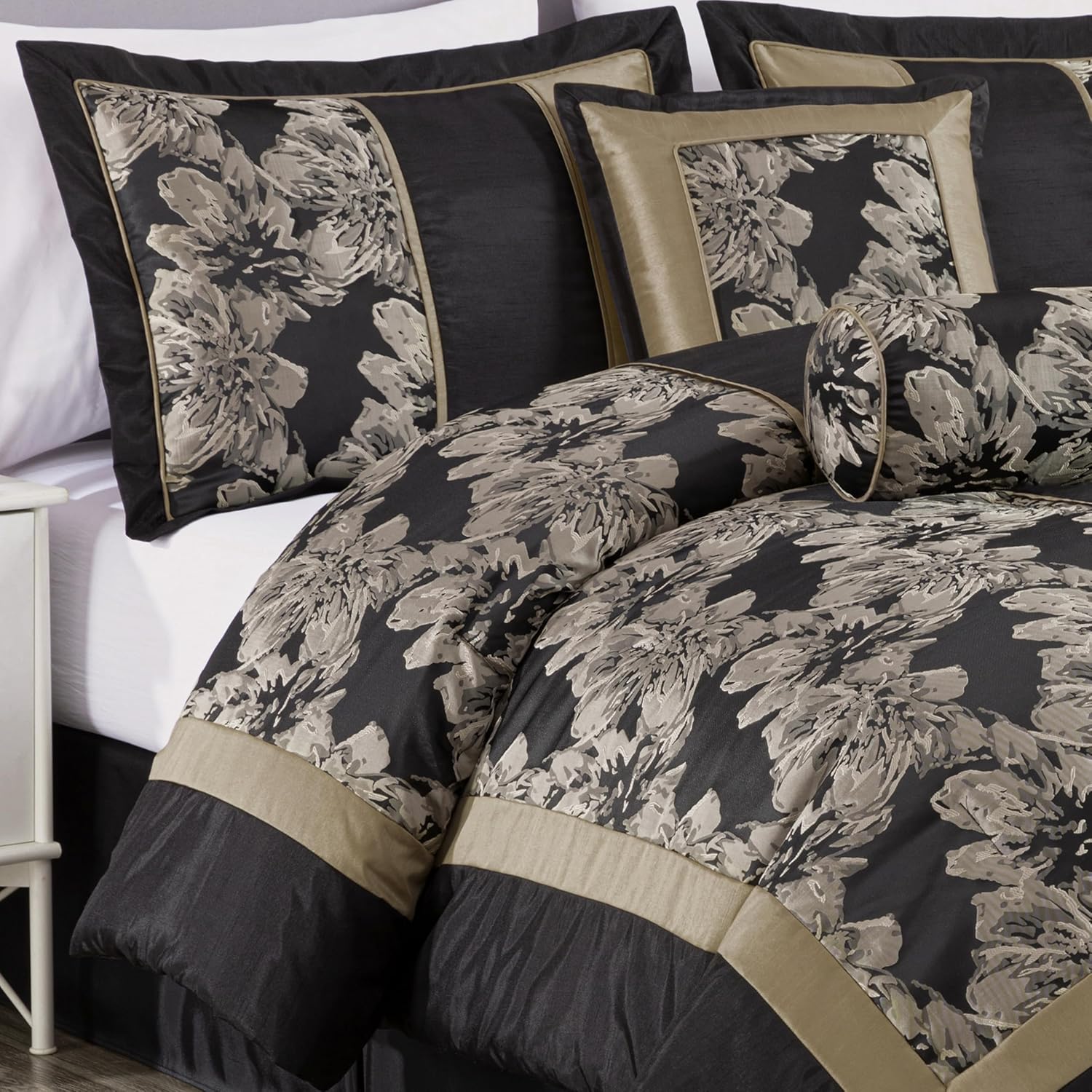 Chezmoi Collection Cameron Comforter Set Oversized King Size, 7-Piece Black Gold Hibiscus Floral Jacquard Bedding Set