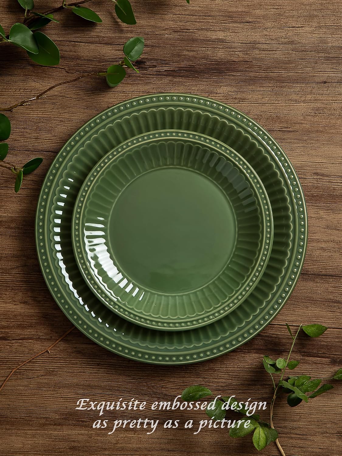 Famiware Garden 24-Piece Embossed Plates and Bowls Sets, Stoneware Reactive Glaze Dishes Dinnerware Set, Modern Rustic, Chip & Scratch Resistant, Microwave & Dishwasher Safe, Service for 8, Dark Green