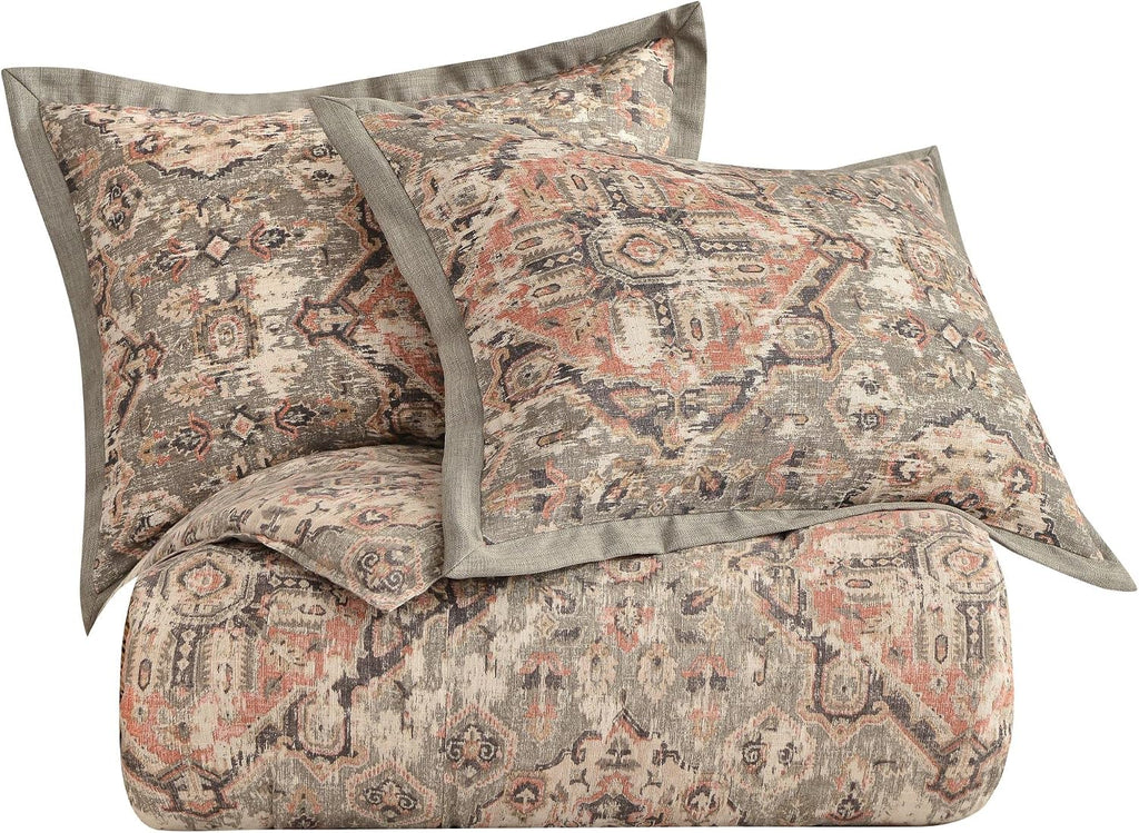 HiEnd Accents Carmen Kilim 3 Piece Comforter Set with Pillow Shams, Gray Medallion Pattern, Full Size, Classic Traditional Modern Rustic Bedding Set, Linen Comforter with 2 Pillowcases