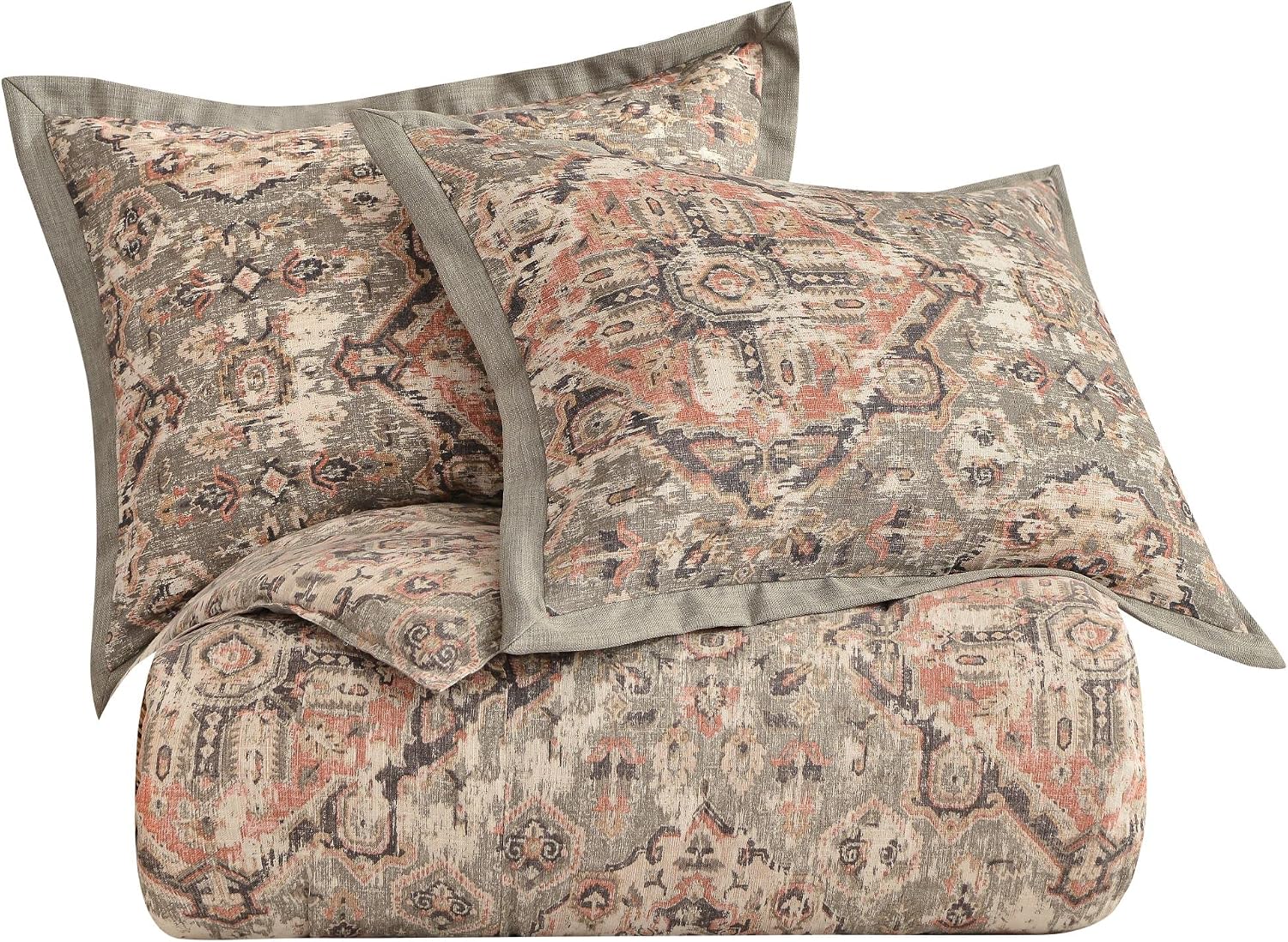 HiEnd Accents Carmen Kilim 3 Piece Comforter Set with Pillow Shams, Gray Medallion Pattern, Full Size, Classic Traditional Modern Rustic Bedding Set, Linen Comforter with 2 Pillowcases