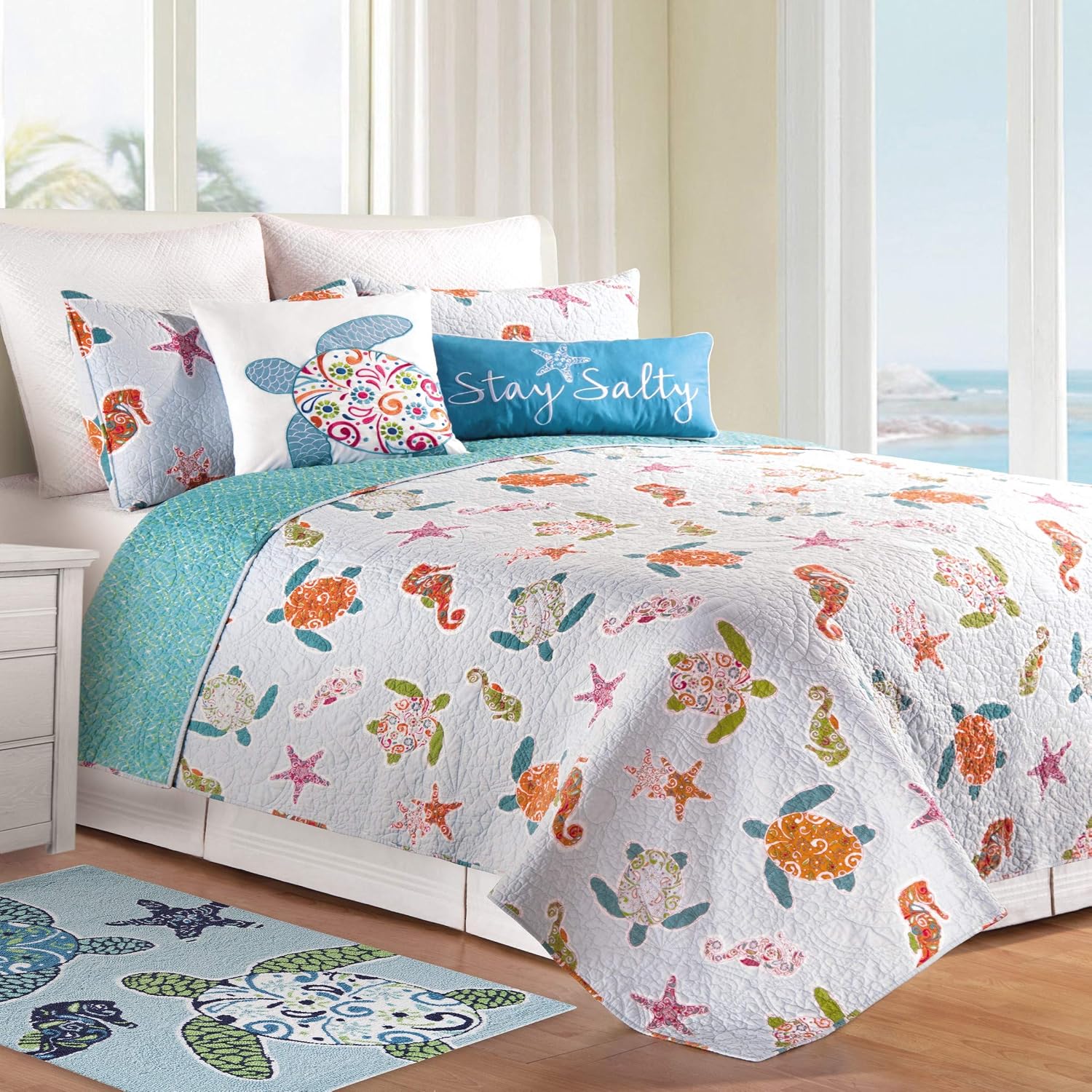 C&F Home St. Kitts 3-Piece King Quilt Set Versatile Summer Nautical Coastal Sea Turtles Seahorse Beach House Reversible Machine Wash Lightweight Coverlet Comforter Bedroom Bedding Decor Decoration