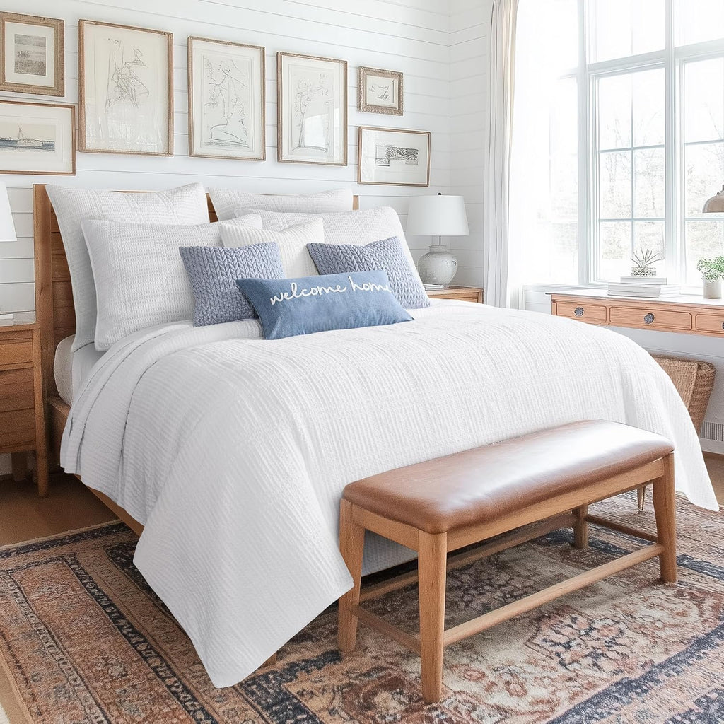 Levtex Home Cloud Waffle Full/Queen Quilt Set (88x92in) and 2 Pillow Shams (26x20) - Box Quilted Waffle Texture - Bright White - Cotton Full/Queen Size Quilt Bedding Set - Lightweight Soft Pre-Washed