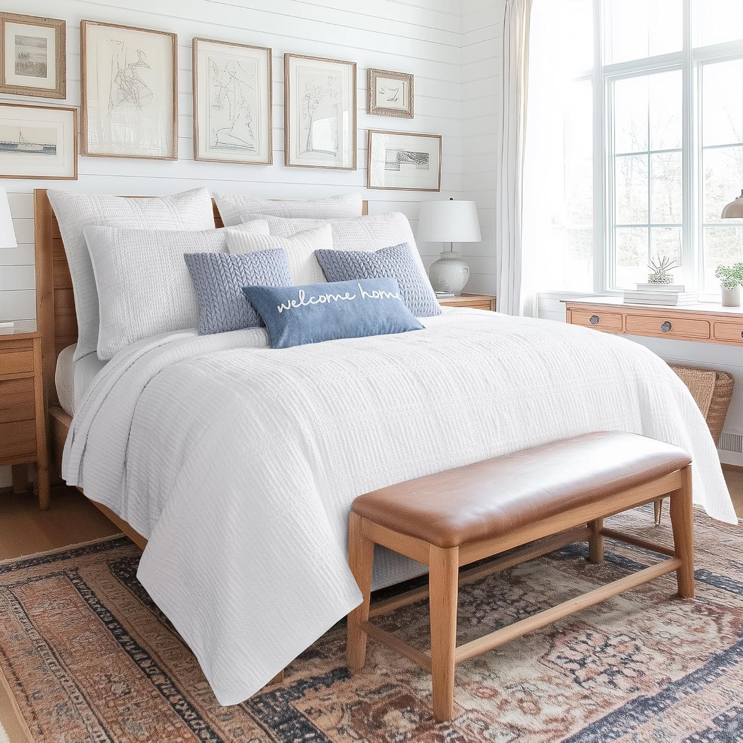 Levtex Home Cloud Waffle Full/Queen Quilt Set (88x92in) and 2 Pillow Shams (26x20) - Box Quilted Waffle Texture - Bright White - Cotton Full/Queen Size Quilt Bedding Set - Lightweight Soft Pre-Washed