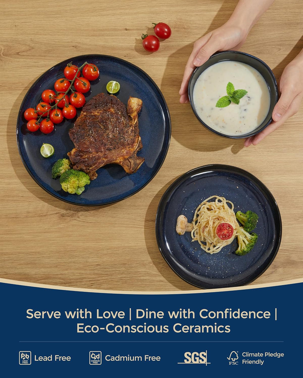 Pokini 24 Piece Ceramic Dinnerware Sets for 8, Starry Blue Reactive Glaze | Unique Coastal Edge for Holiday Gatherings, Thanksgiving, Dinner Parties | Microwave & Dishwasher Safe Stoneware Dish Set