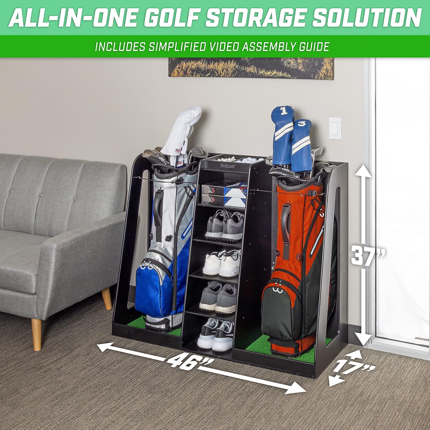GoSports Premium Wooden Golf Bag Organizer and Storage Rack - Black, White or Brown Finish - Holds 2 Golf Bags