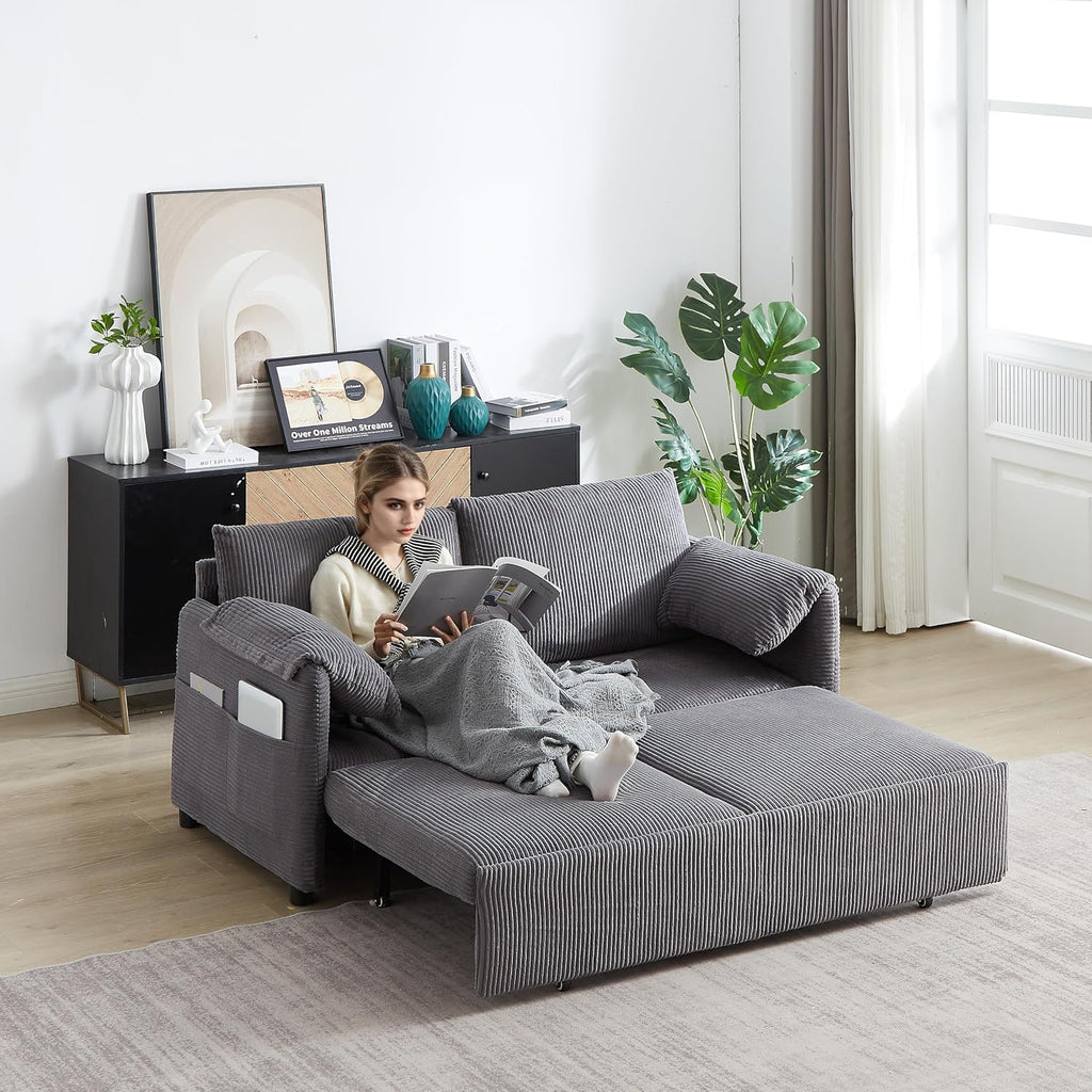 WILLIAMSPACE 64.5' Pull Out Sofa Bed, 3-in-1 Adjustable Sleeper Sofa Couch with Side Storage, Convertible Loveseat Sofa Bed Pull Out Couch for Living Room, Apartment, Corduroy, Gray