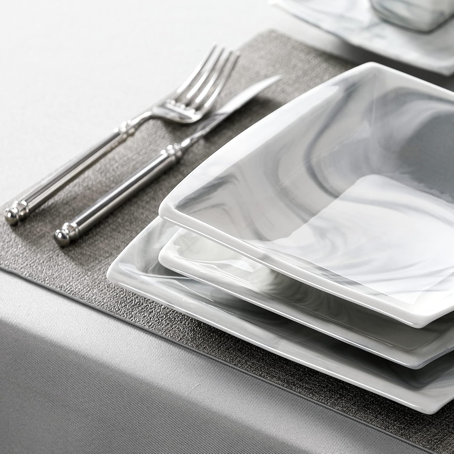 MALACASA Dinnerware Sets, 30 Piece Porcelain Plates and Bowls Sets for 6, Square Dish Set with Dinner Plates Set, Cup and Saucer, Modern Dishware Dishes Microwave Safe, Marble Grey, Series Blance