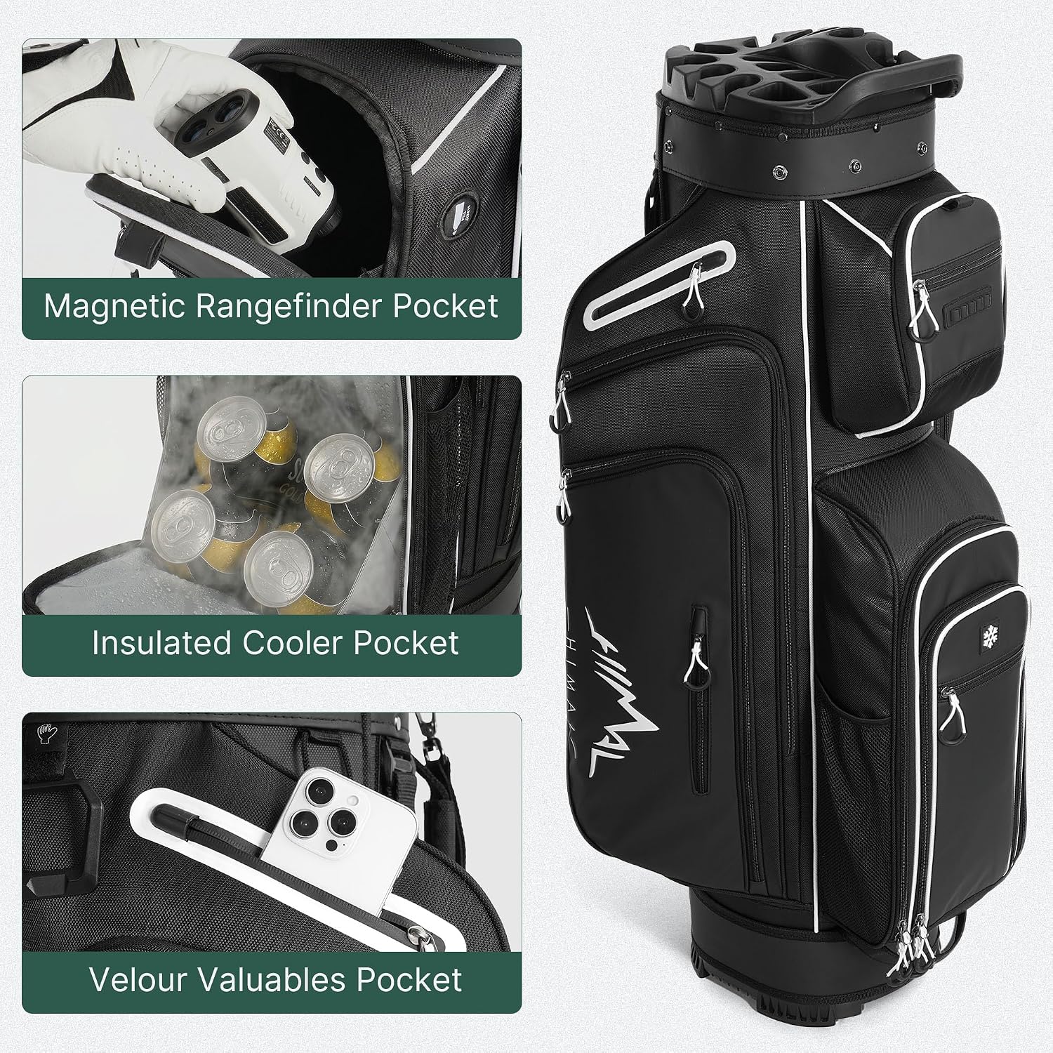 uniHimal Golf Cart Bag with 14-Way Full-Length Dividers, Golf Bag for Men Women with Magnetic Leather Pocket, Handles and Rain Cover, Lightweight Golf Club Bag Includes Cooler Pockets