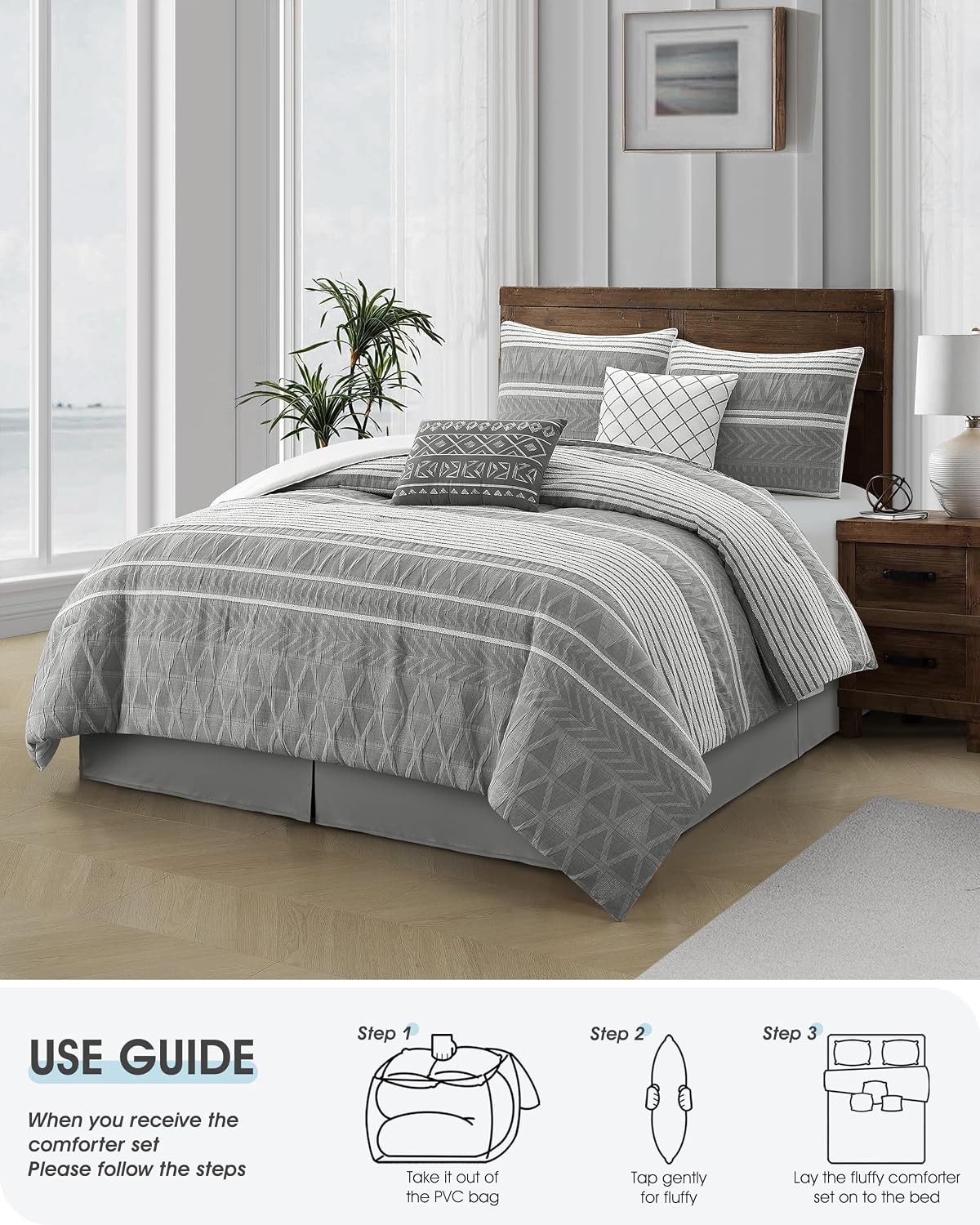 LANCO MODERN LIFESTYLE Cotton Comforter Set California King, Gorgeous Geometric Jacquard, Grey Soft Lightweight Bedding Set for All Seasons, 6 Pieces Bedskirt, Pillow Shams and Decor Pillows