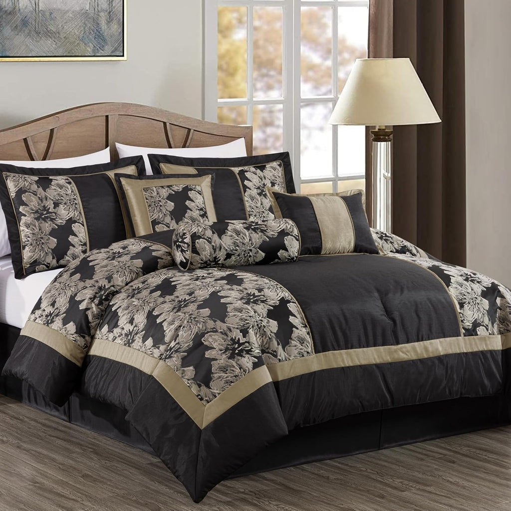 Chezmoi Collection Cameron Comforter Set Oversized King Size, 7-Piece Black Gold Hibiscus Floral Jacquard Bedding Set