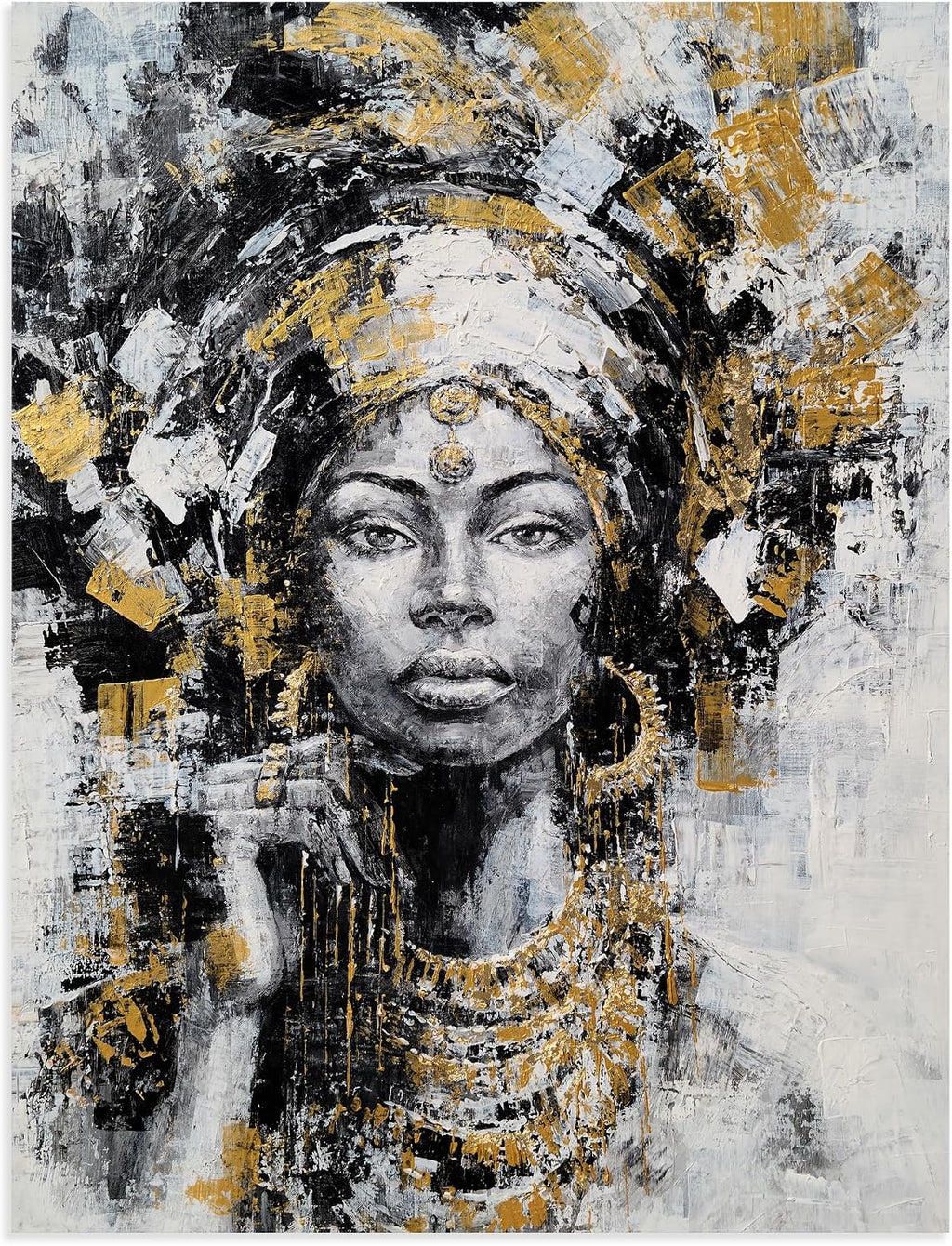 Yihui Arts Black Woman Painting with Gold Foil - Hand Painted African American Canvas Wall Art for Living Room, Bedroom, and Hallway Decor