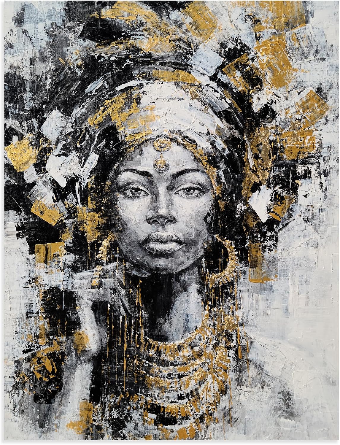 Yihui Arts Black Woman Painting with Gold Foil - Hand Painted African American Canvas Wall Art for Living Room, Bedroom, and Hallway Decor