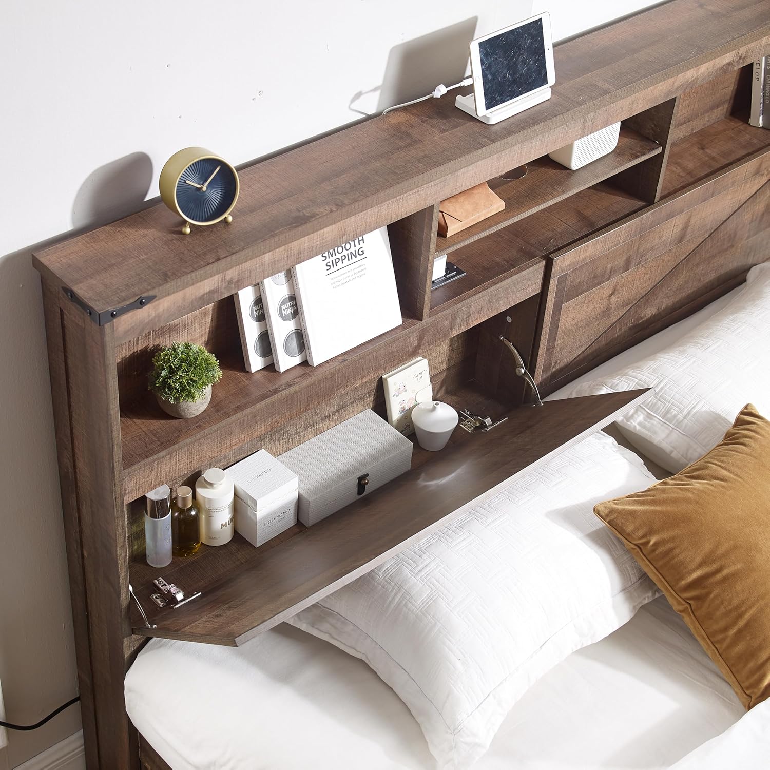 ACCOHOHO King Size Bed Frame with 52' High Storage Headboard and 4 Drawers,Wood Bed Frame with LED Light and Charging Station,Warm Brown