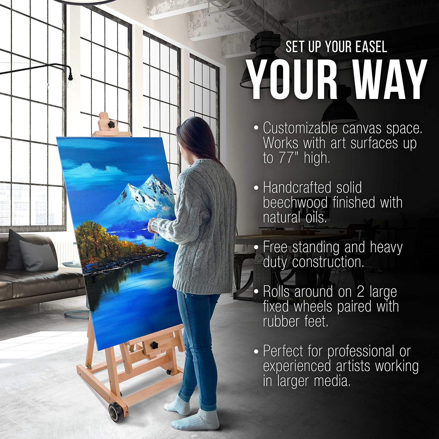 U.S. Art Supply Master Multi-Function Studio Artist Wooden Floor Easel - Large Heavy Duty Adjustable H-Frame, Tilts Flat, Mast Adjusts to 97' High - Beechwood Painting Canvas Holder Stand with Wheels