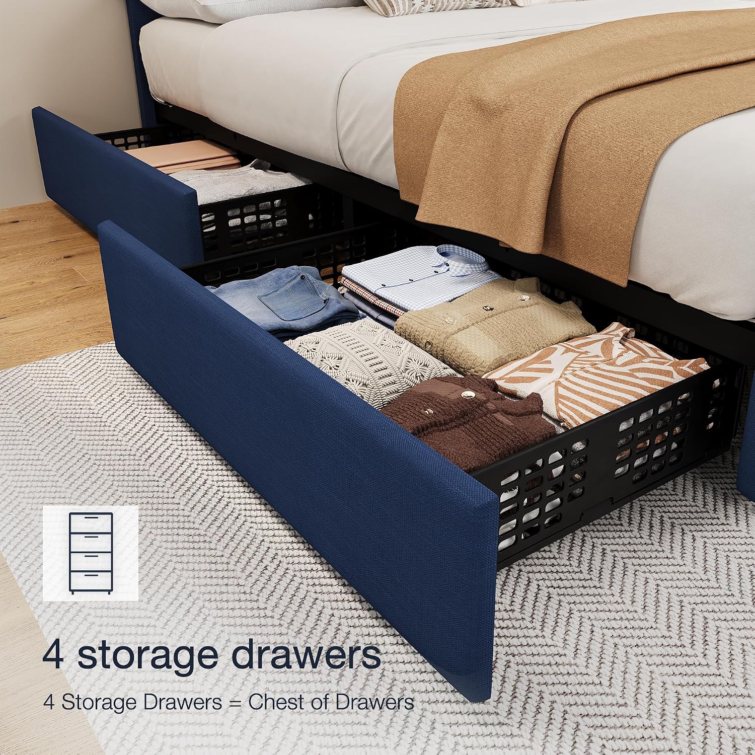 IDEALHOUSE Queen Size Bed Frame with 4 Storage Drawers and Adjustable Headboard, Linen Upholstered Platform Beds, Diamond Stitched Button Tufted, No Box Spring Needed, Blue