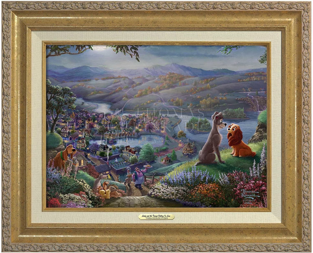 Thomas Kinkade Lady and the Tramp Falling In Love 12 x 16 Canvas Classics with Gold Frame