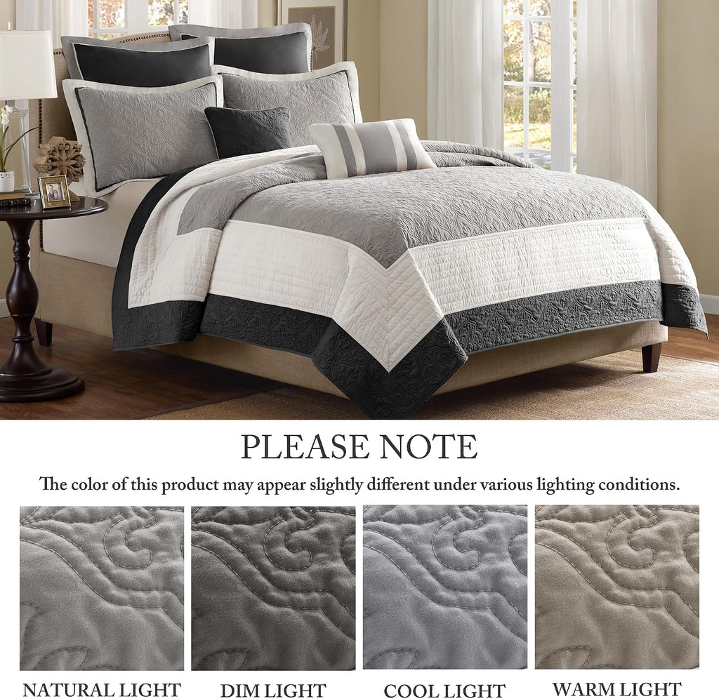 Madison Park Attingham Reversible Quilt Set - All Season Breathable Coverlet, Lightweight Cozy Bedding Layers, Matching Shams, King/Cal King(104'x94'), Black Multi 7 Piece