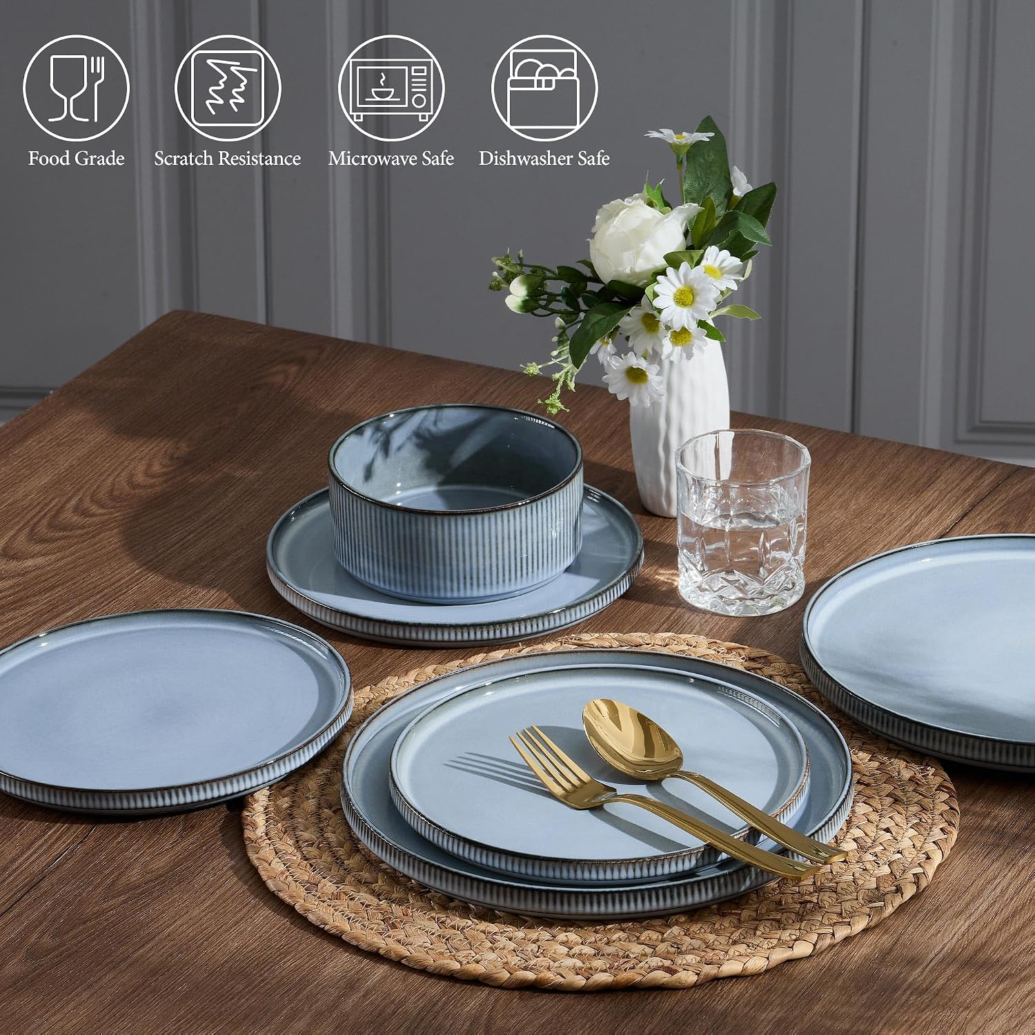 E-far 24-Piece Stoneware Dinnerware Sets, Plates and Bowls Sets for 8, Kitchen Modern Dinning Porcelain Dishes Set, Chip & Scratch Resistant, Dishwasher & Microwave Safe, Dusty Blue