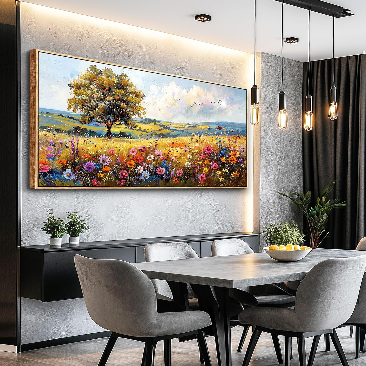 hyidecorart Large Framed Wall Art, Spring Landscape Wall Art, Nature Tree Wildflower Artwork, Colorful Scenery Rustic Painting Canvas Prints, Farmhouse Wall Decor Living Room Bedroom Picture 32x72 In