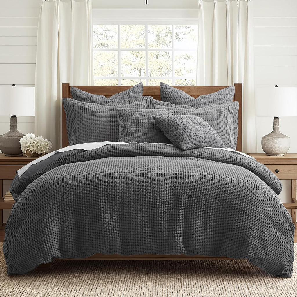 Levtex Home Mills Waffle King Duvet Cover Set (106x94in) with 2 Pillow Shams (36x20in) - Charcoal - Cotton King Size Duvet Cover Set - Soft, Pre-Washed