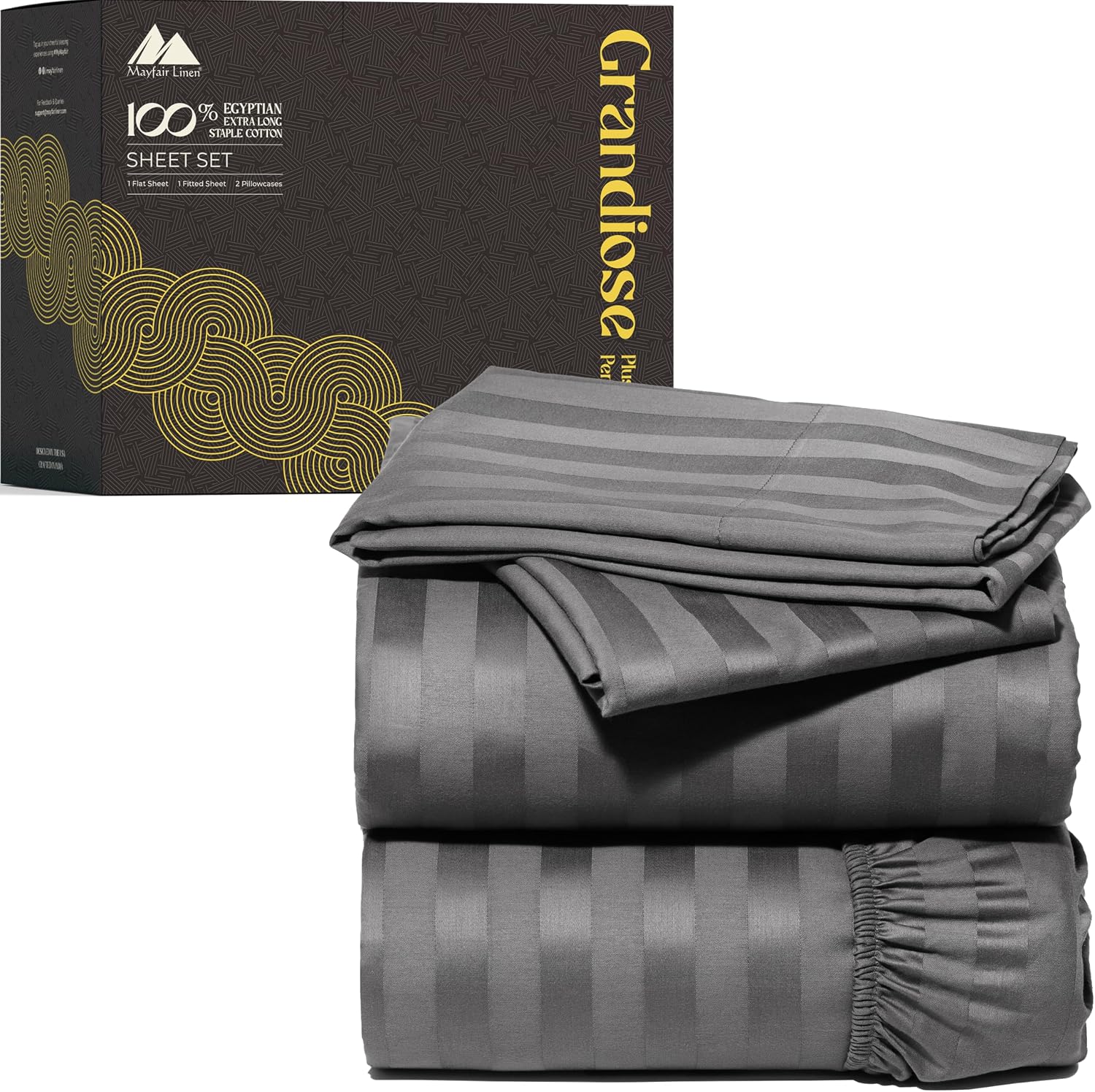 Mayfair Linen 100% Pure Egyptian Cotton Sheet King Size - Luxury 1000 Series Grandiose Collection Striped King Size Sheets Set (4 PC, Dark Grey - Stripe), 16' Deep Pocket Soft Cooling Hotel Sheets Set