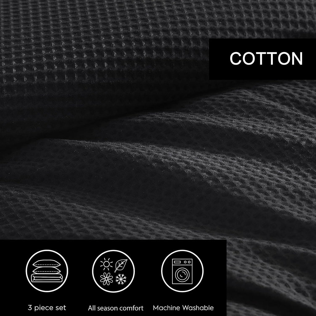Vera Wang - King Comforter Set, Soft Cotton Bedding with Waffle Pique Texture & Smooth Cotton Percale Reverse, Medium Weight for Year-Round Comfort, 3 Piece Bed Set with Matching Pillowcases (Black)