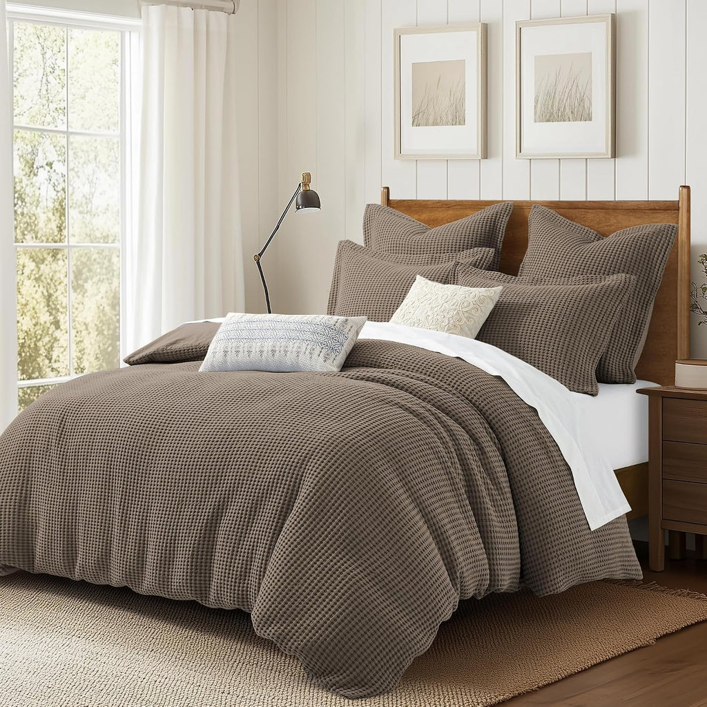 Levtex Home Mills Waffle King Duvet Cover Set (106x94in) with 2 Pillow Shams (36x20in) - Latte - Cotton King Size Duvet Cover Set - Soft, Pre-Washed